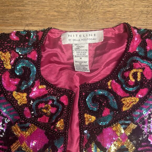 Vintage Niteline Sequin Blazer Silk Jacket Pink Party Evening 90s Womens Medium - Picture 9 of 16